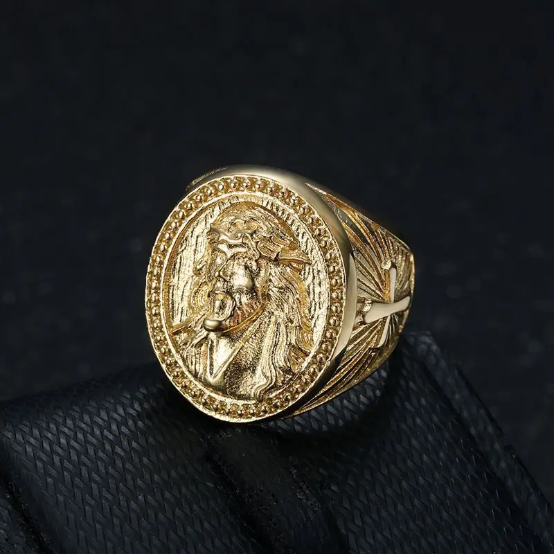 Hip Hop Jesus Casting Ring Vacuum Gold Plated Stainless Steel Mens Jewelry view 3