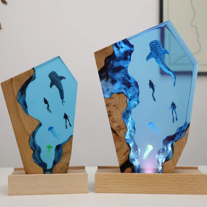 Resin Lamp Cave Whale Diver Marine Art Craft Home Table Bedroom Decoration Jelly Ornament Unique Gift