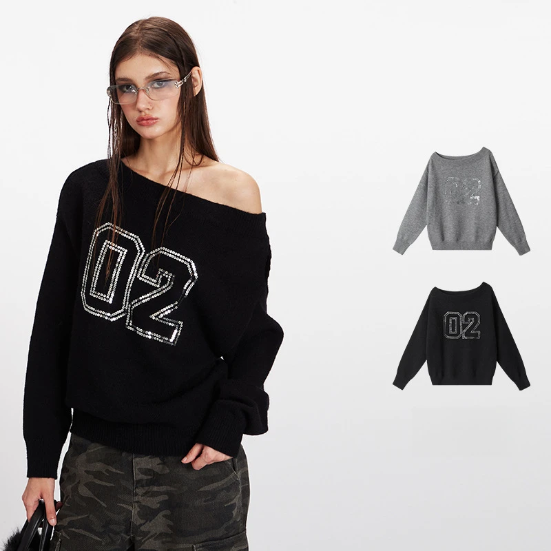 

Новое поступление, женский зимний вязаный свитер на одно плечо, номер 02, узор с блестками, крутой теплый черный/серый модный топ большого размера