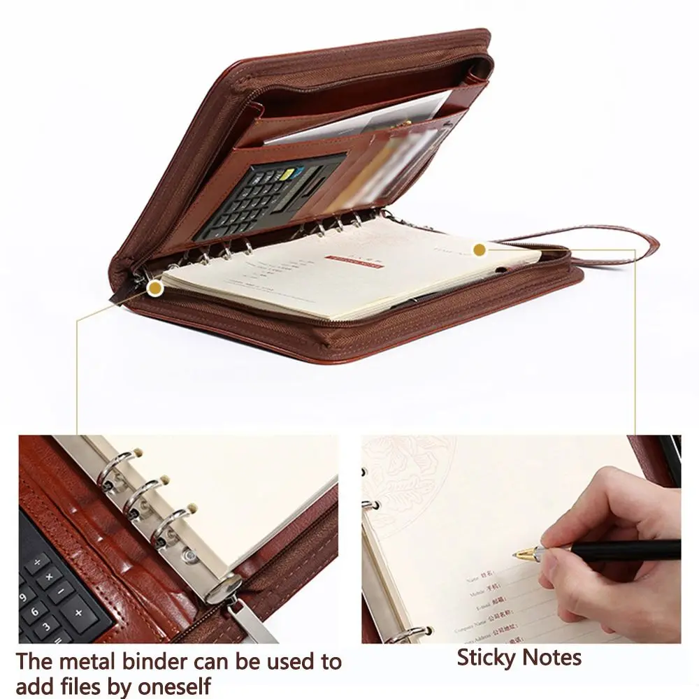 

Portable File Folder 6-Ring PU Leather Portfolio Binder with Calculator Card Holder Business Notebook Document Storage
