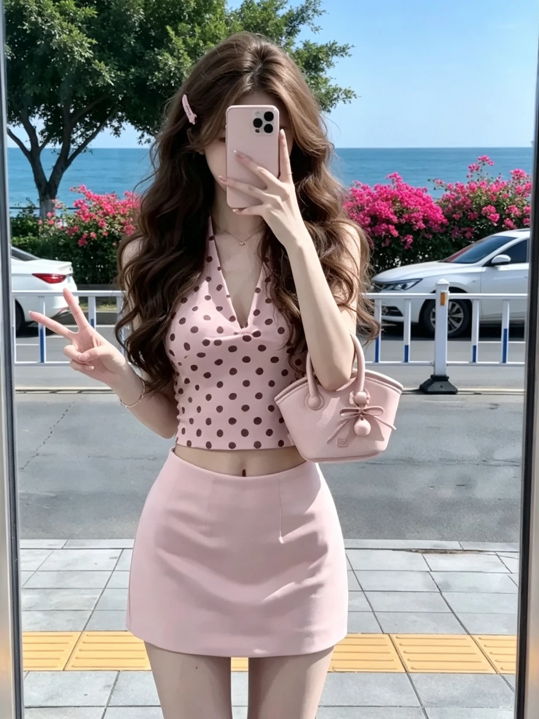 

Summer New Style Women's Polka Dot V-neck Hanging Neck Top And High-waist Skirt Two-piece Set Slimming Effect Pure Desire Pink
