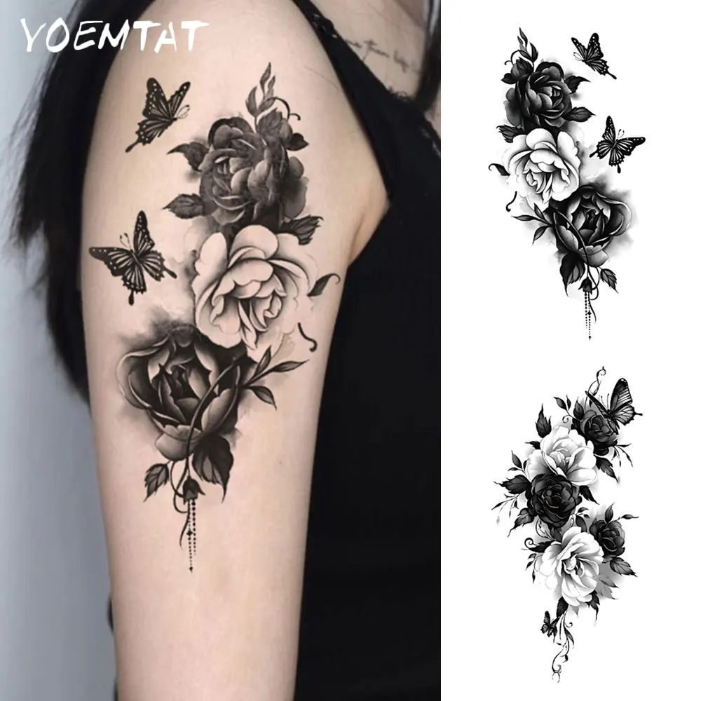 2pcs Black Rose Butterfly Floral Waterproof Temporary Tattoo Sticker Flowers Body Art Arm Fake Tattoos Sleeve Women Men Leg