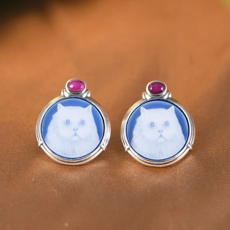 BOCAI New S925 Sterling Silver Jewelry Vintage Art Elegant Personality Blue Chalcedony Carved kitten Animal Women's Earrin