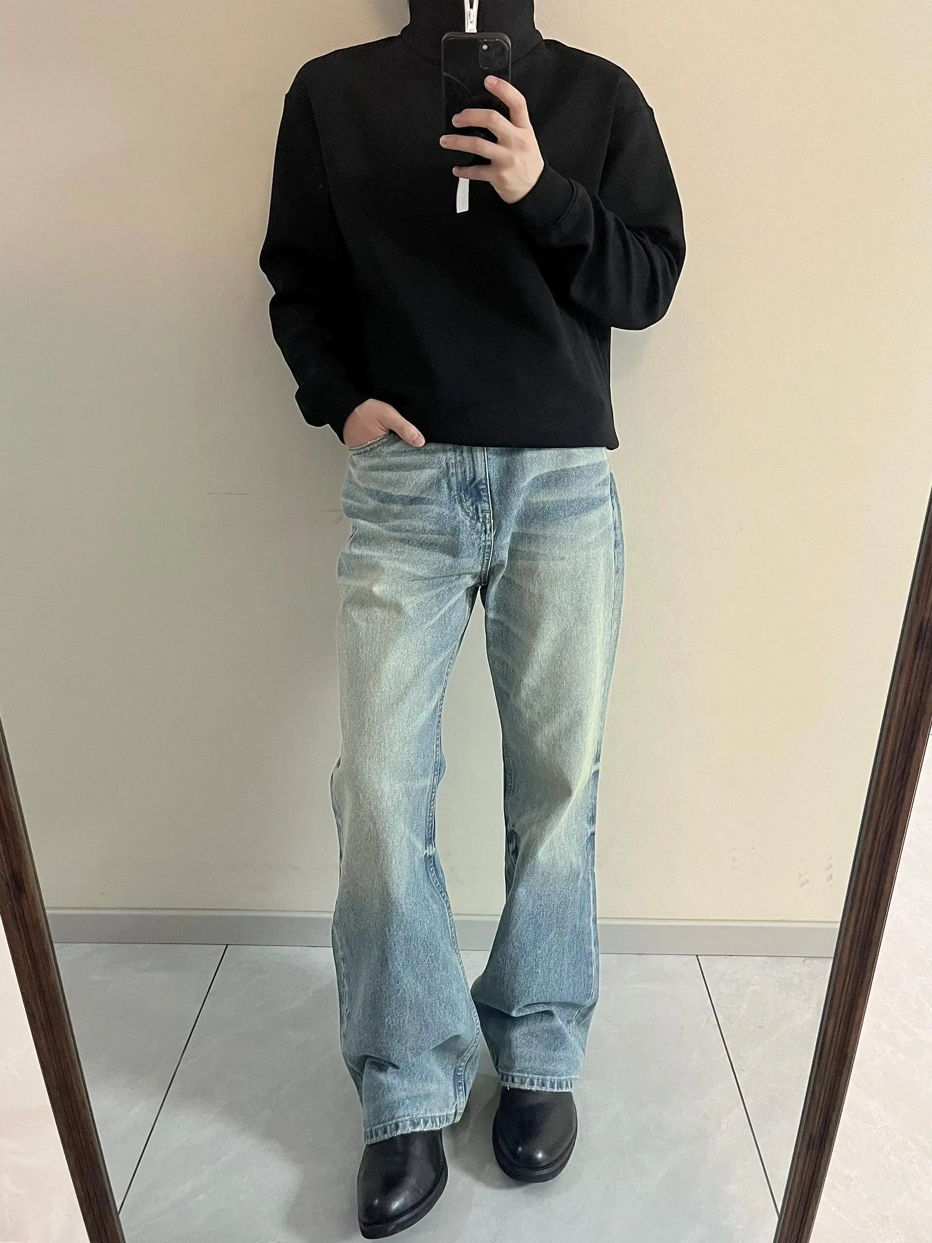 

Джинсы Cleanfit Blue Washed Denim 2024: Новые мужские осенне-зимние прямые брюки с микро-клешем, молодежные модные джинсы