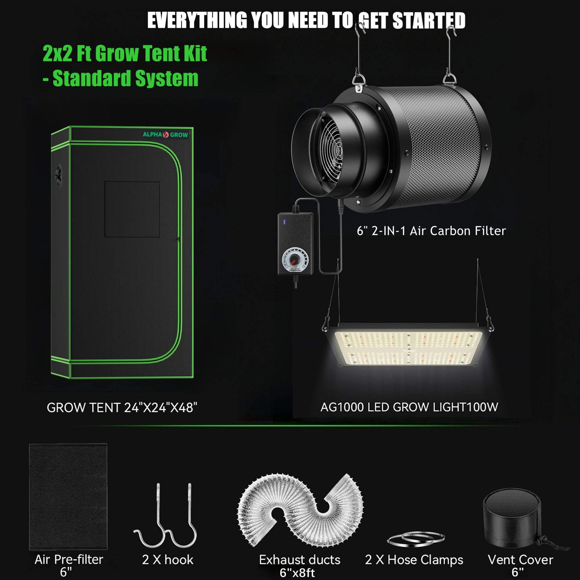 ALPHAGROW Elite 2x2 Grow Suite: AG1000 LED, 6