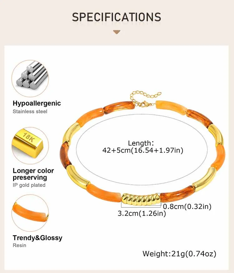 Chunky Harz-Perlenkette für Damen, 18K vergoldete Edelstahl-Röhrenperlen Statement Choker Halskette Vintage Schmuck Geschenk – Detail 3
