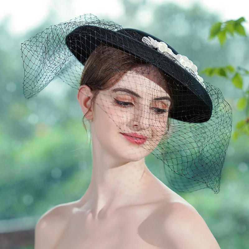 Hepburn Black French Veil Flower Hat Bridal Headwear Studio Accessories Dress Hat