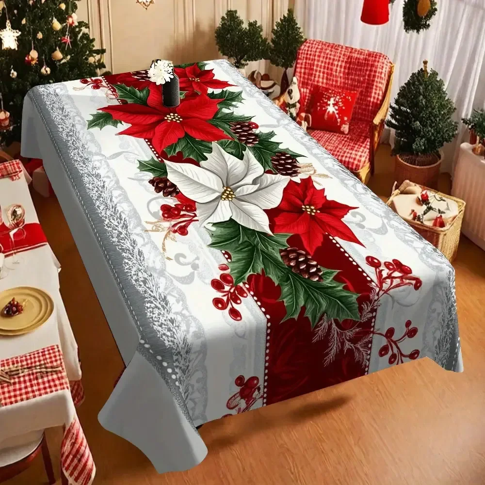 One vintage Christmas tablecloth - Red potted flowers, wintergreen berries and elegant white backgroundxzj