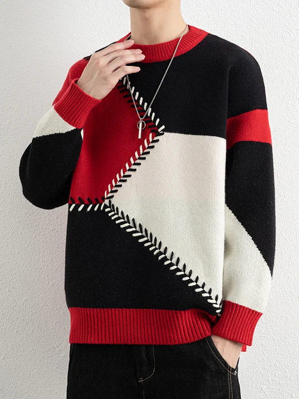 

Мужской вязаный свитер с круглым вырезом, цветными вставками и вышивкой, с длинным рукавом, повседневный, теплый, модный, осенняя новинка для подростков