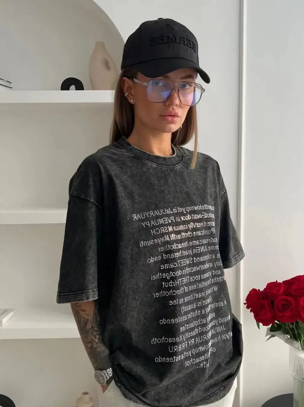 Vintage'owa koszulka z luźnym krojem, zdobiona diamentami, w stylu Feng Shui, z efektem postarzenia, z bawełny, idealna na lato.