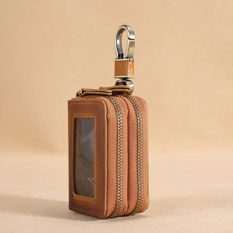 Genuine Leather Vintage Car Key Holder Multifunction Men Key Case Coin Wallet Transparent Small Money Bag Storage Bags