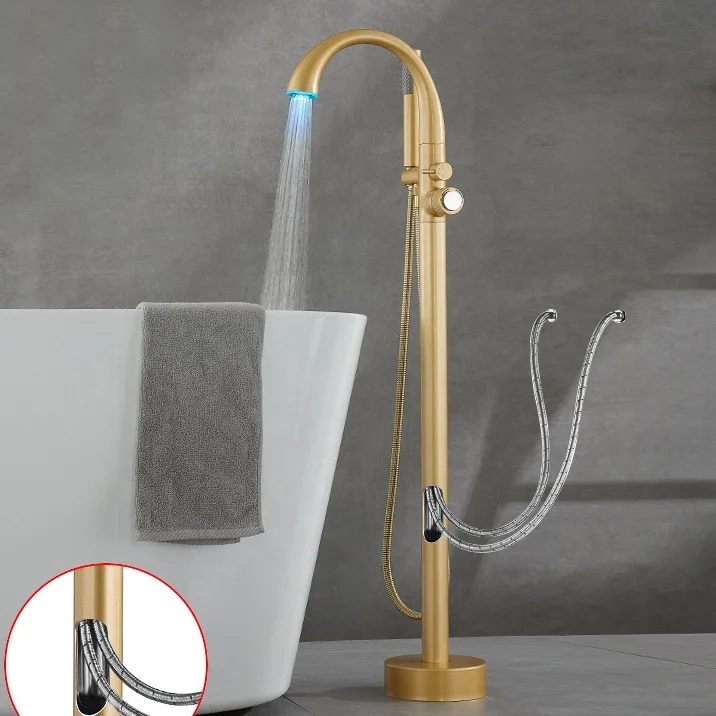 Brushed Gold LED Bathtub Faucet Floor Mounted Thermostatic Tub Spout Mixer Tap