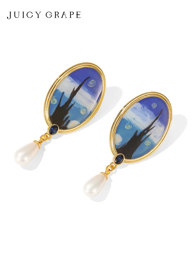 Blue Starry Night Teardrop Earrings - Art-Inspired Van Gogh & Monet Sunflower Series Collectible Accessory