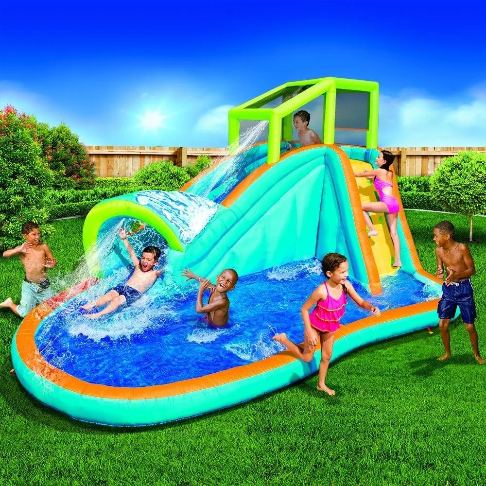 Inflatable Water Slide - Huge Kids Pool (14 Feet Long by 8 Feet High) with Built in Sprinkler Wave and Water Wall - Heavy Duty