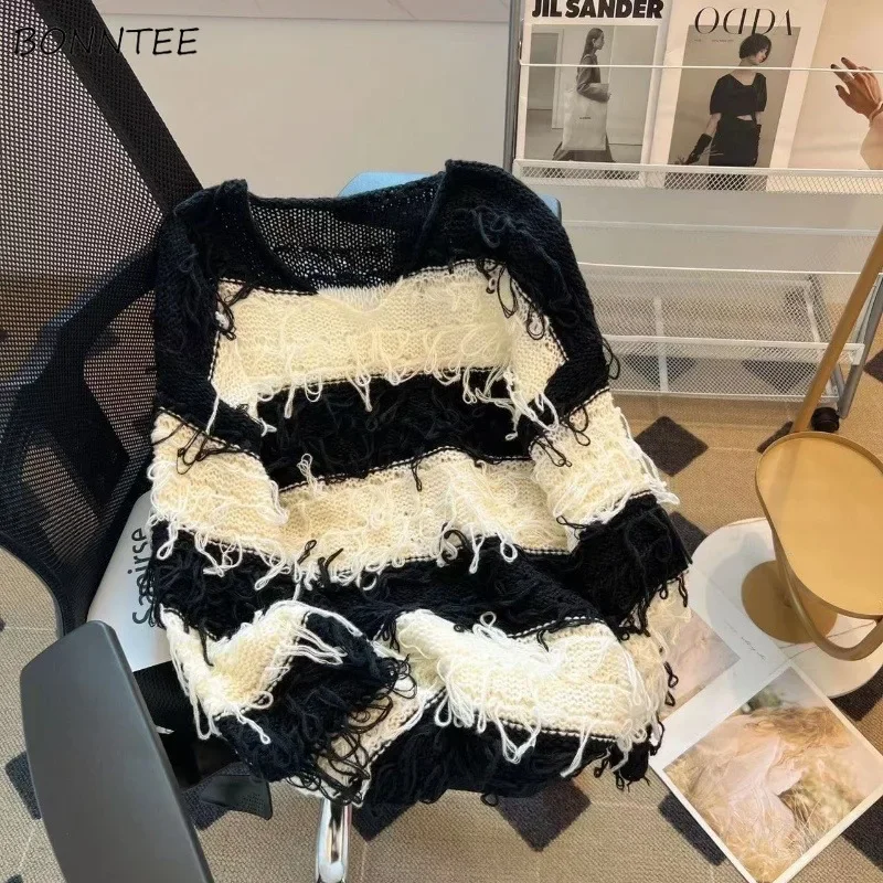 

Женские пуловеры с кисточками, шикарные вязаные универсальные полосатые свободные посадки, повседневные модные трикотажные изделия с v-образным вырезом, осень, популярные для молодых людей