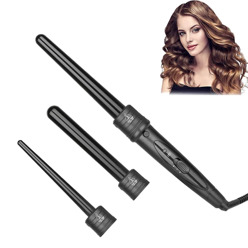 

Curling Iron 3-In-1 Curly Hair Stick Set All-In-One Curly Hair Curler Interchangeable Ceramic Barrels Fast Heating Curler