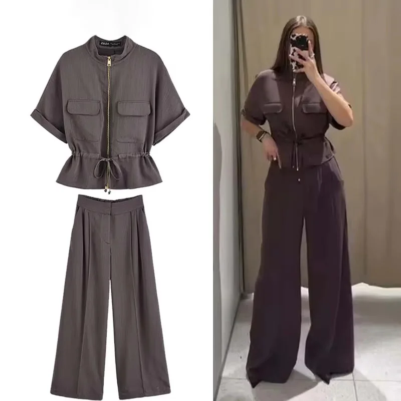 

Casual Pants 2 Pieces Sets For Women Short Sleeve Coat High Waist Trousers Women's Suit 2025 Two Pieces Loose Woman Outfits