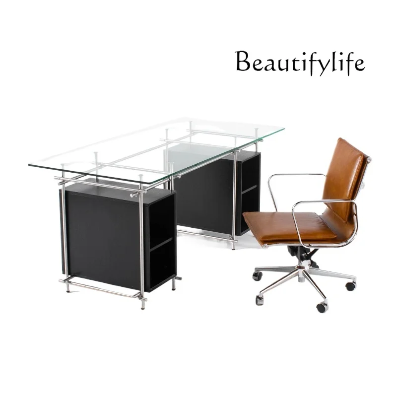 مكتب إيطالي بسيط من الزجاج المقسى مكتب من الفولاذ المقاوم للصدأ منضدة عمل طويلة