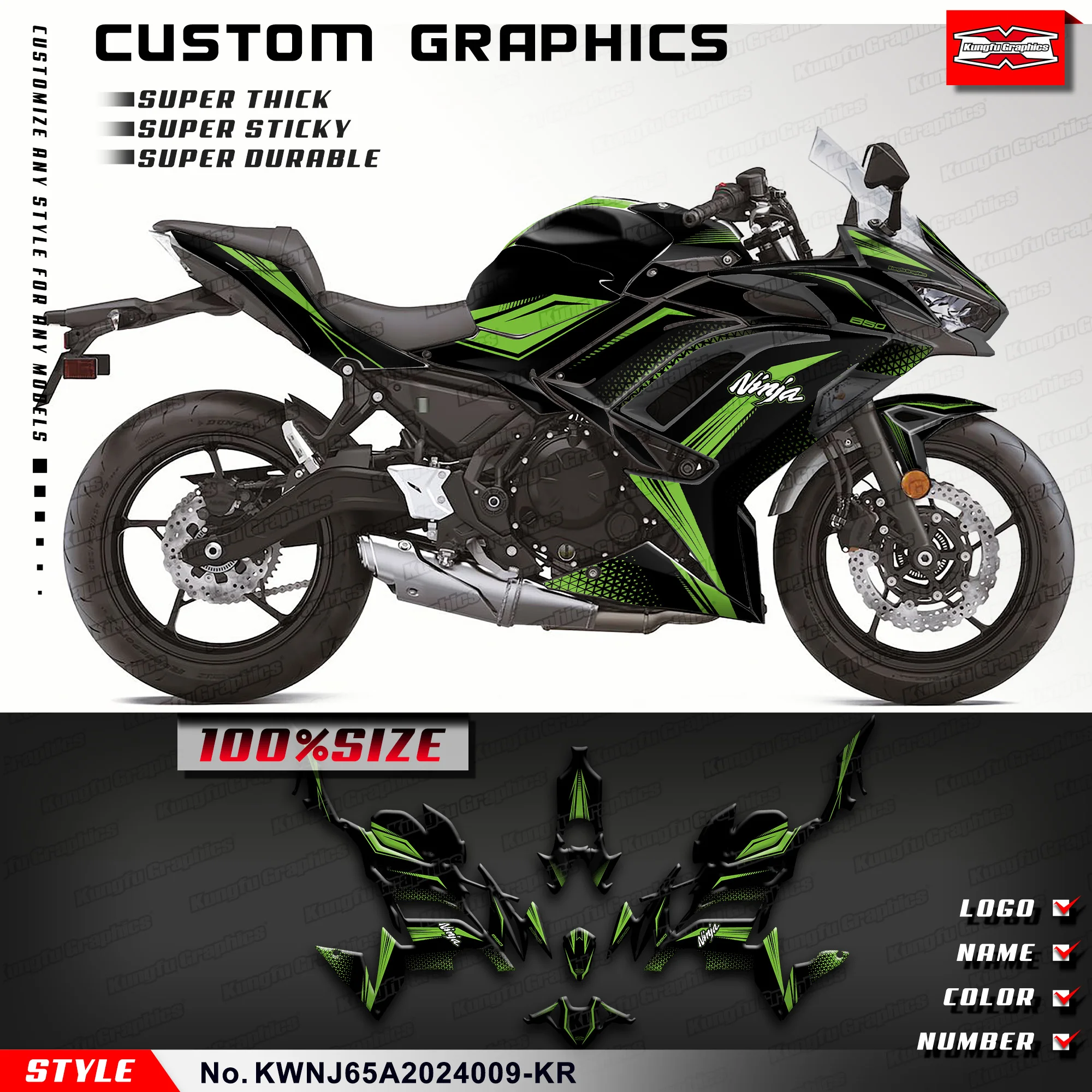 

KUNGFU GRAPHICS Sport Bike Décor Vinyl Sticker Kit for Kawasaki Ninja 650 2020 2021 2022 2023 2024 KWNJ65A2024009-KR