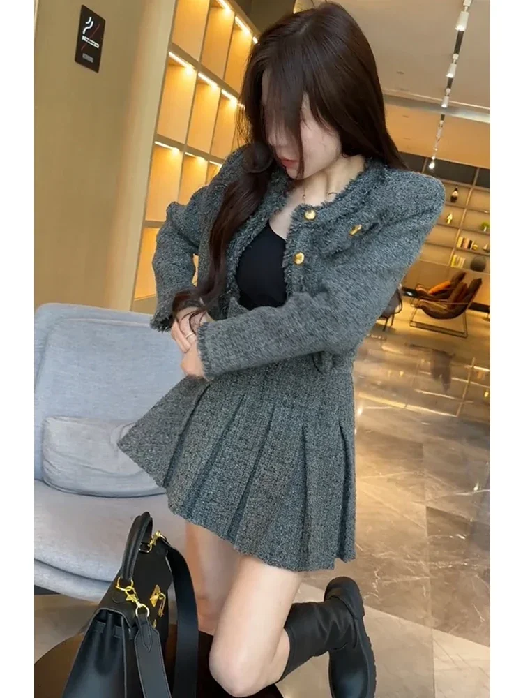 Elegant Tweed Short Coat Women's Fashion Set: 204 Spring Autumn New Refined High-waisted Skirt Two-piece Outfit Female Lady Coat