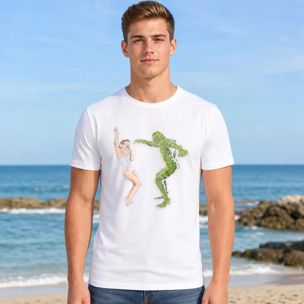 Graphic Tee Men Retro Lagoon Creature And Swimsuit Girl Funny Monster Movie Short Sleeve Summer Vacation Top