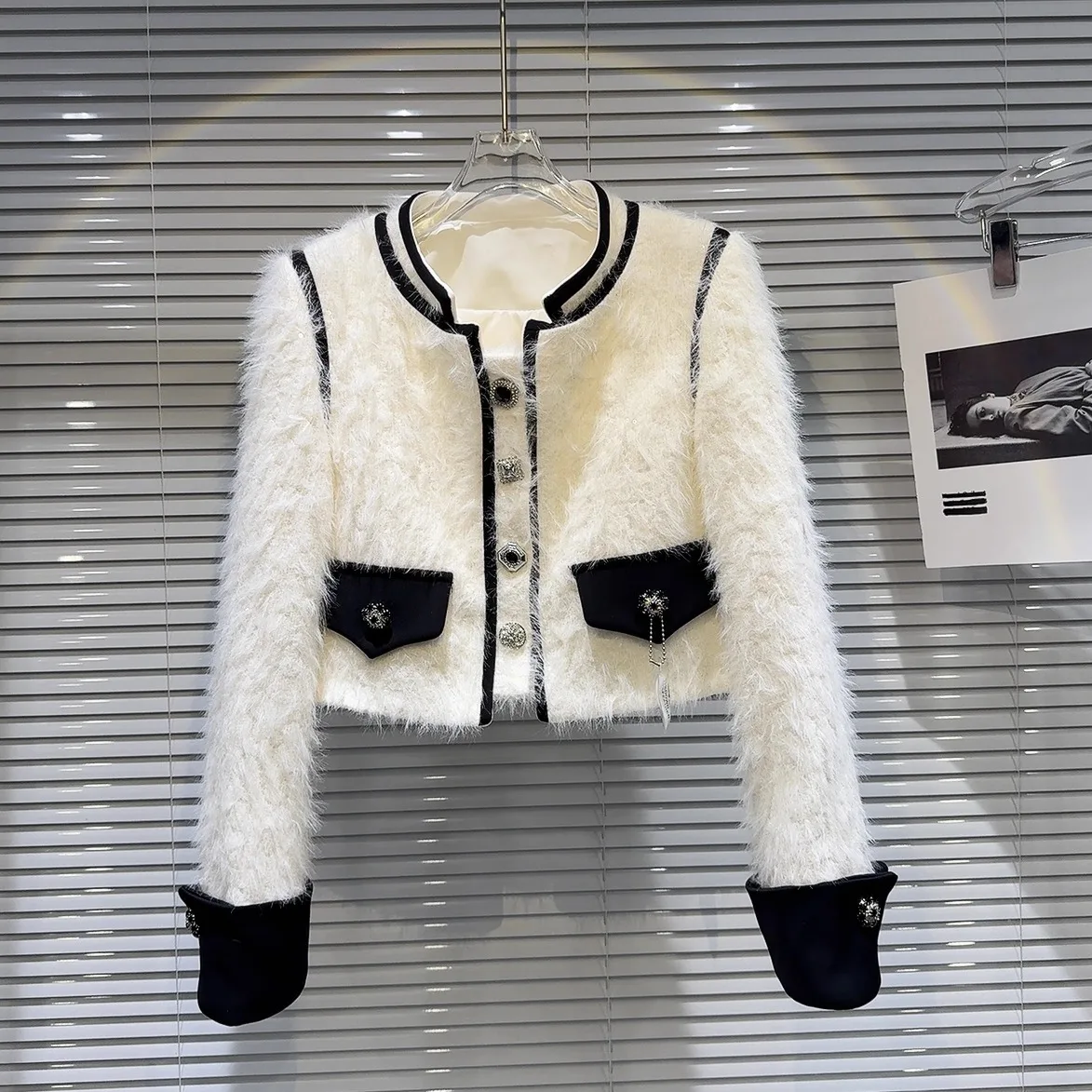 

Winter ort Outerwear Women's Faion Thiened Fur Lined Diamond Button High-End Coat Straight Cut Long Sve f High Co...