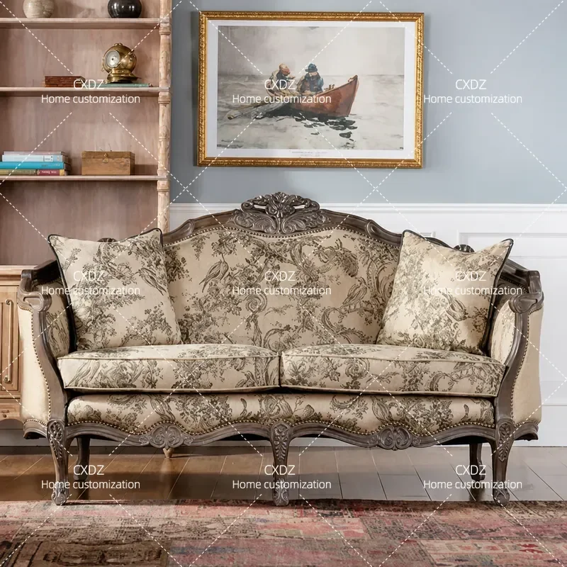 Neoclassical Combination Sofa Solid Wood Frame Fabric Upholstery Hand Carved Living Room Furniture for Villa Light Luxury