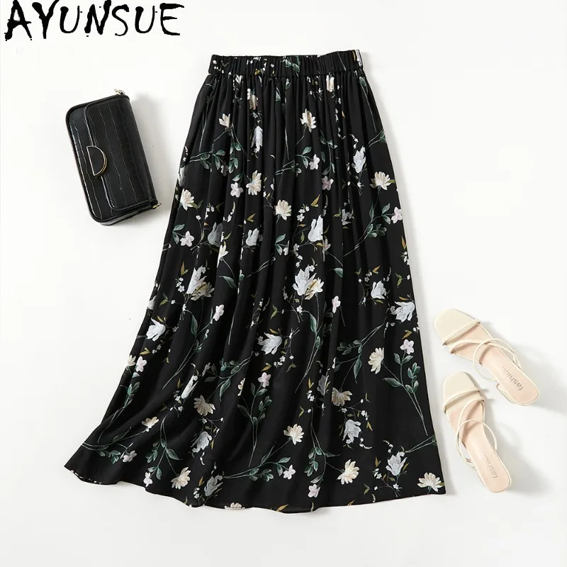 

AYUNSUE Double Crepe Silk Women's Skirts French Floral Skirts for Women A-line Black Skirt Summer Clothes for Woman Юбка Женская