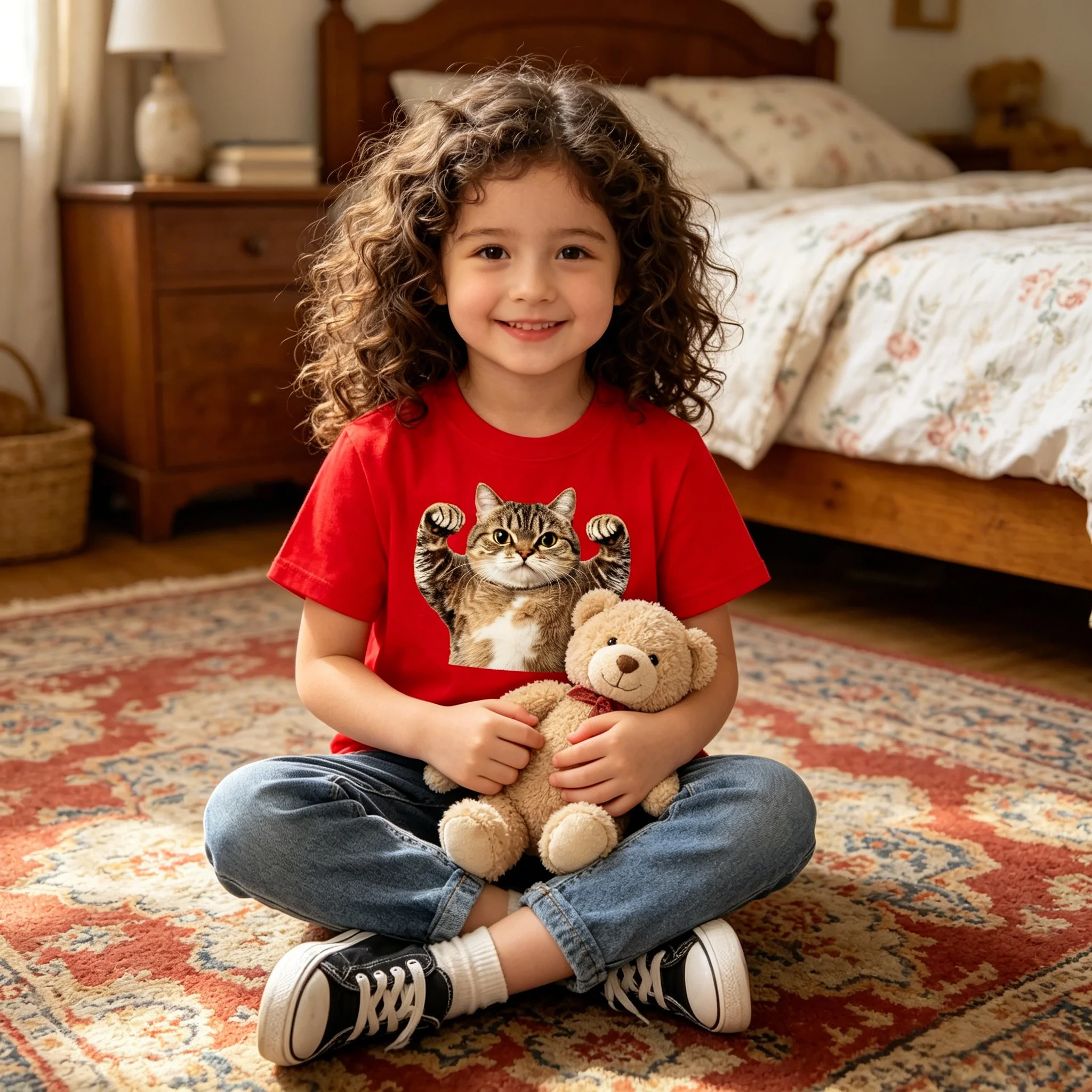 Cat Showing Muscles Lifting Paw Print Cotton Kids T-Shirt Soft Breathable for Daily Outdoor Activity Wear Multiple Sizes