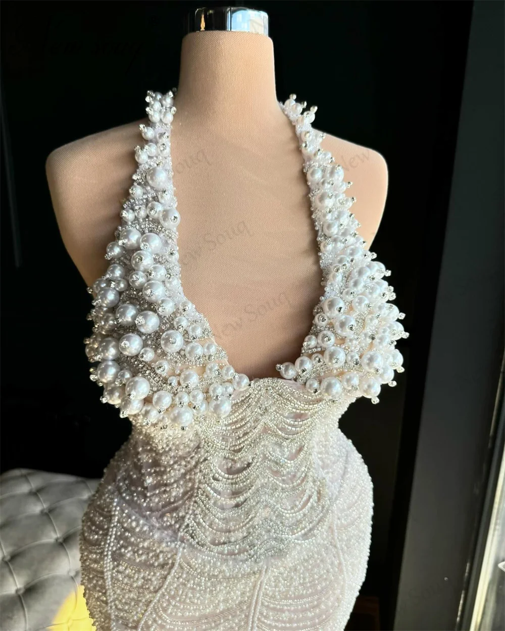 Vestidos de noche con cuello en V profundo, vestido de cóctel Formal con cuello de perlas árabes, vestido de fiesta largo de sirena de Dubai elegante