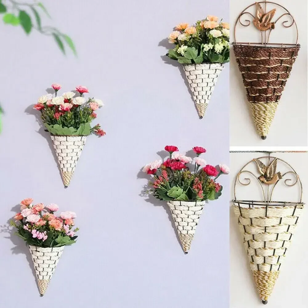 1Pcs Wall-mounted Wrought Iron Natural Wicker Flower Basket Vase Rattan Wall Hanging Pot Planter