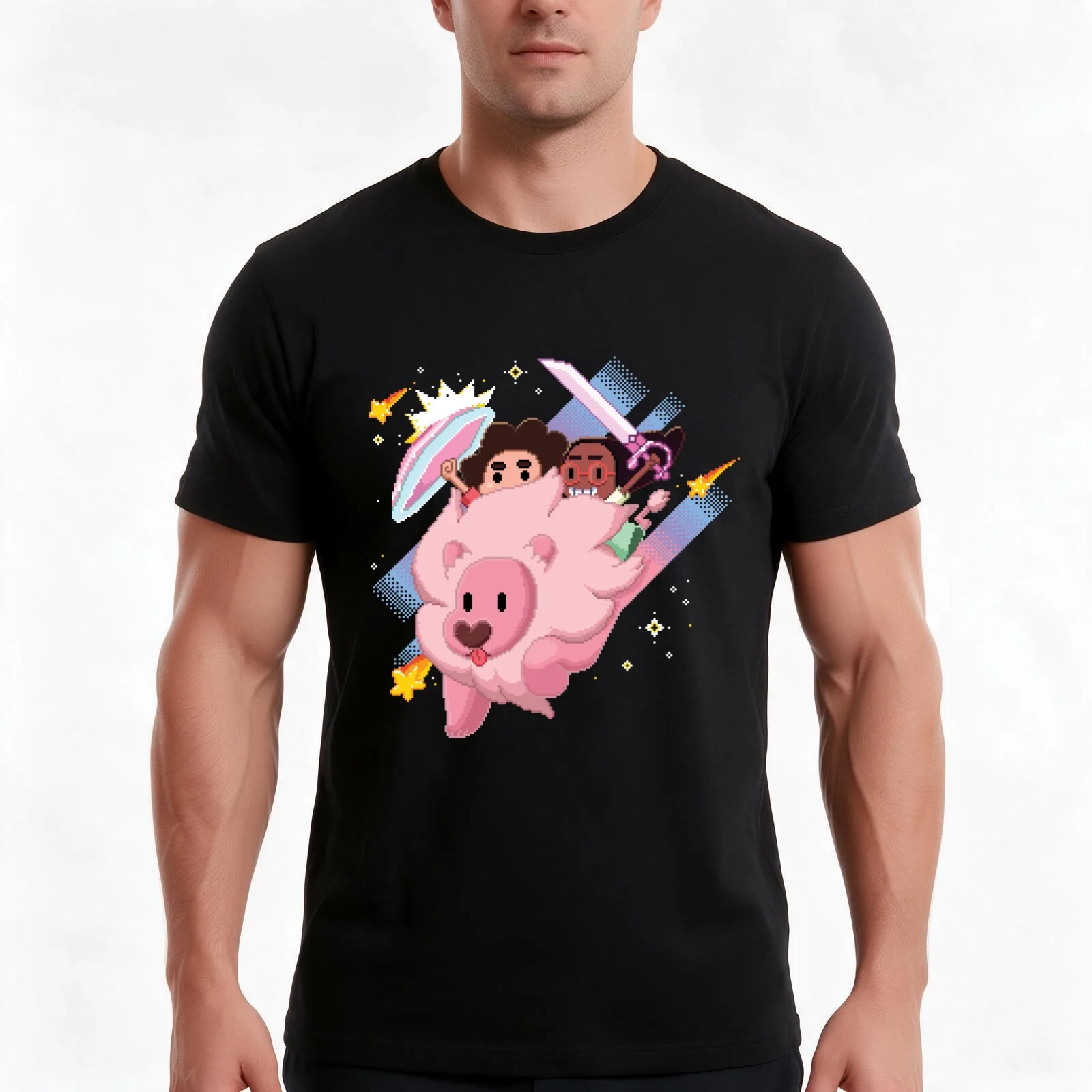 Steven's Universe - Pixel Art of Steven Connie and Lion T-Shirt Summer Casual Cotton Tee Oversized Streetwear Tops
