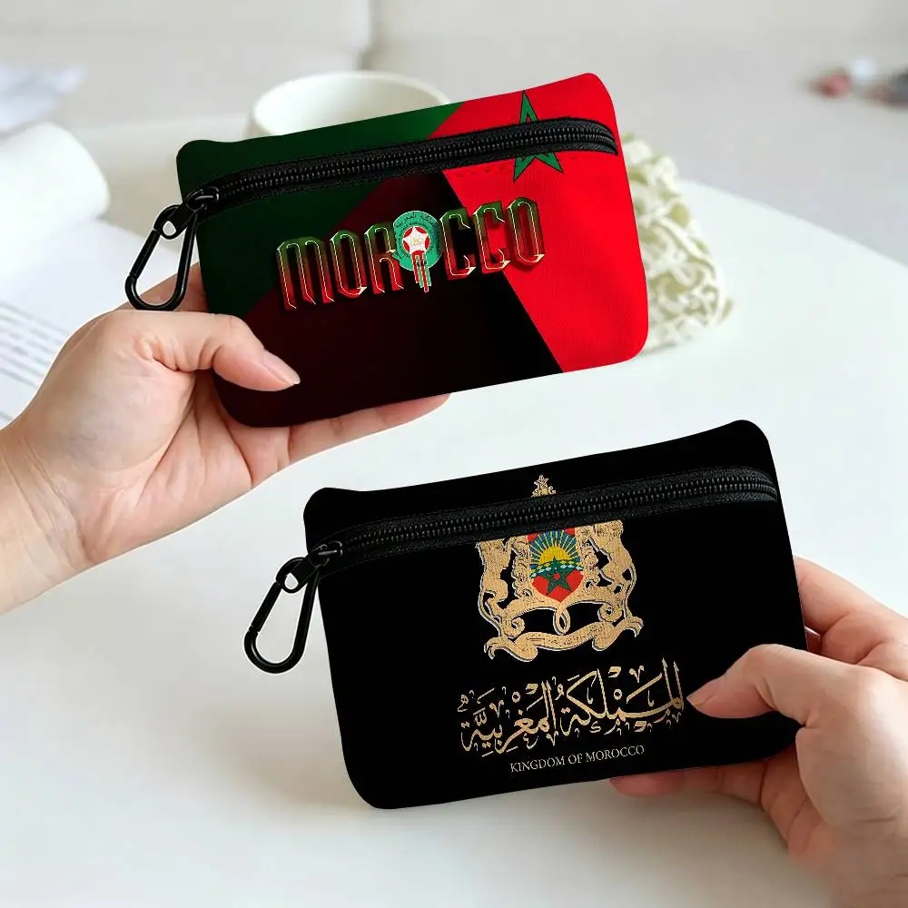 Morocco Map Flag Oxford Fabric Mini Coin Wallet Smooth Zipper Hanging Design Multi-use Small Storage Bag For Travel
