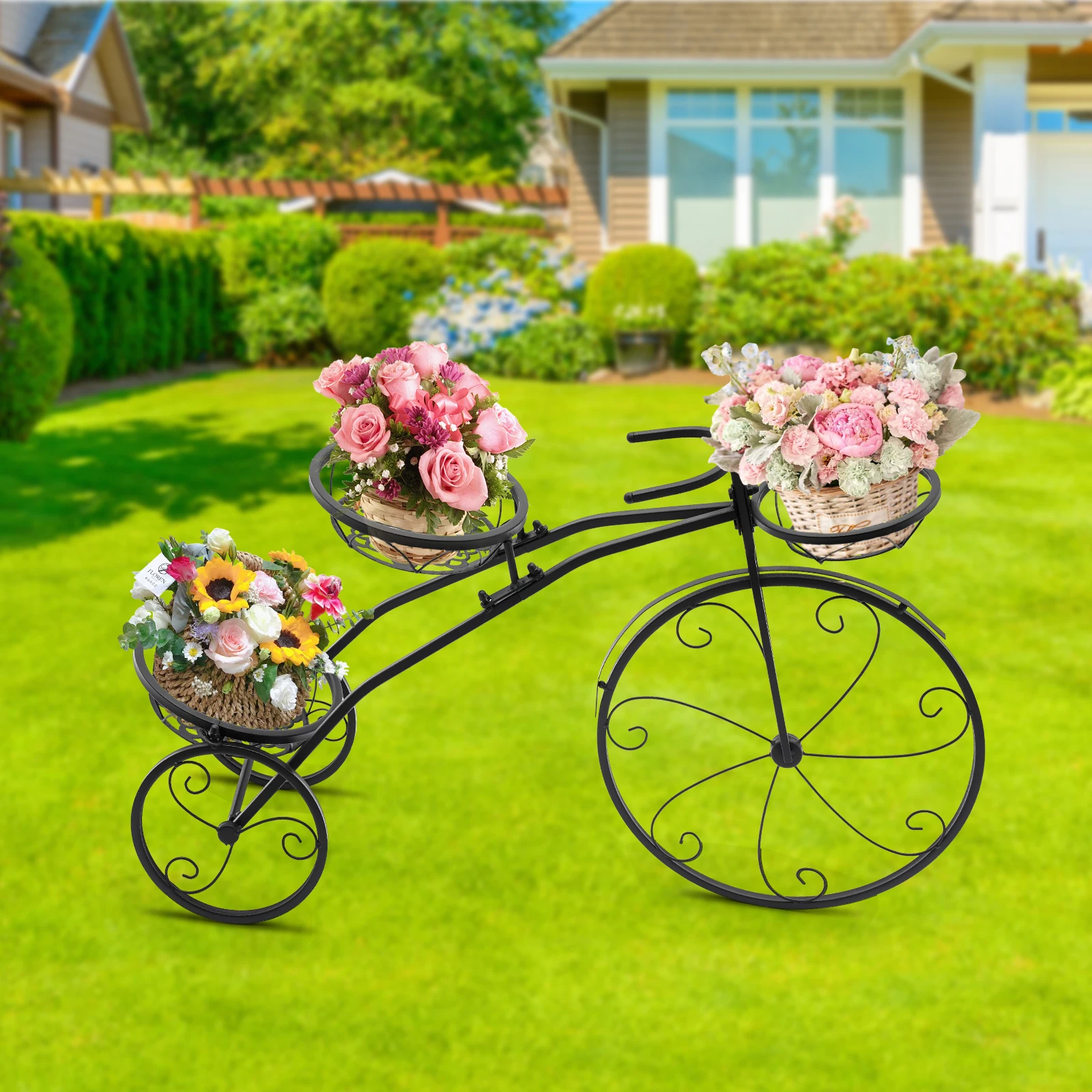 Tricycle Plant Flower Rack Black/White Shelf Bicycle Metal Shelves Plants Stand Flower Basket Outdoor Yard Garden