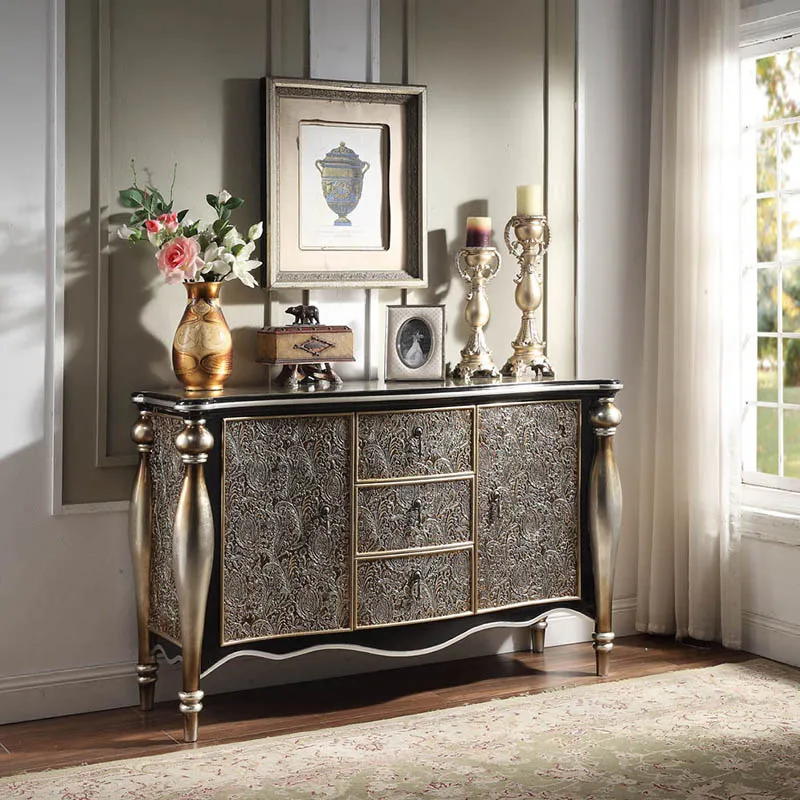 

French Luxury Living Room Cabinet with Golden Carved Solid Wood Dining Cabinet Elegant Dining Room European Vintage Furniture