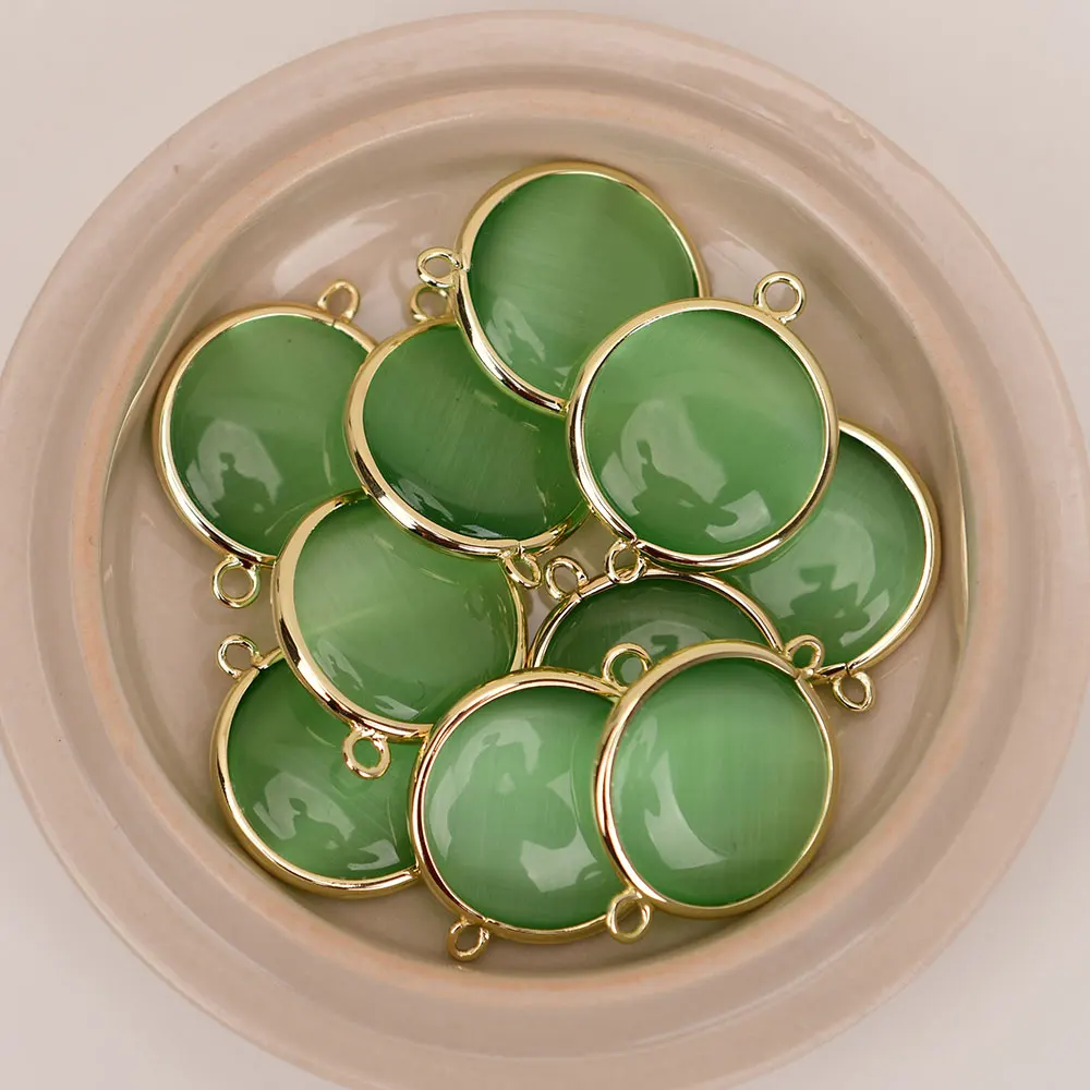 10 Pcs 22mm Natural Green Cat eye Stone Coin Connector Gold Edged Loose Beads For Jewelry Findings DIY