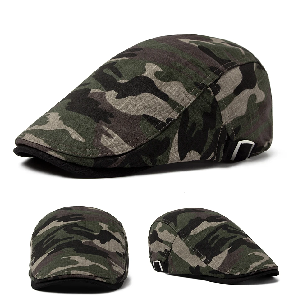 CNTANG Männer Camouflage Baskenmütze Sommer Baumwolle Leinen Sonnenkappe Dünne Atmungsaktive Visier Flache Hüte Casual Vorwärts Berets Hut Einstellbar – Detail 4
