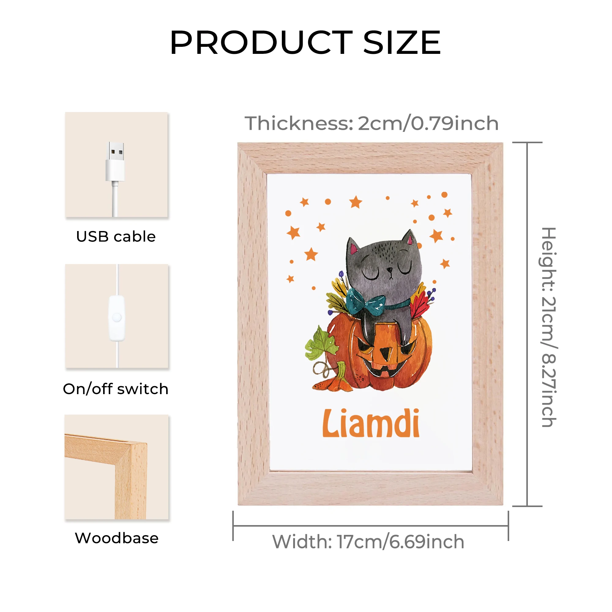 2D شقة مخصصة اسم القط الرعب اليقطين LED الاكريليك ضوء الليل إطار صور خشبي 21x17 سنتيمتر هالوين غرفة نوم هدية ديكور المنزل #6