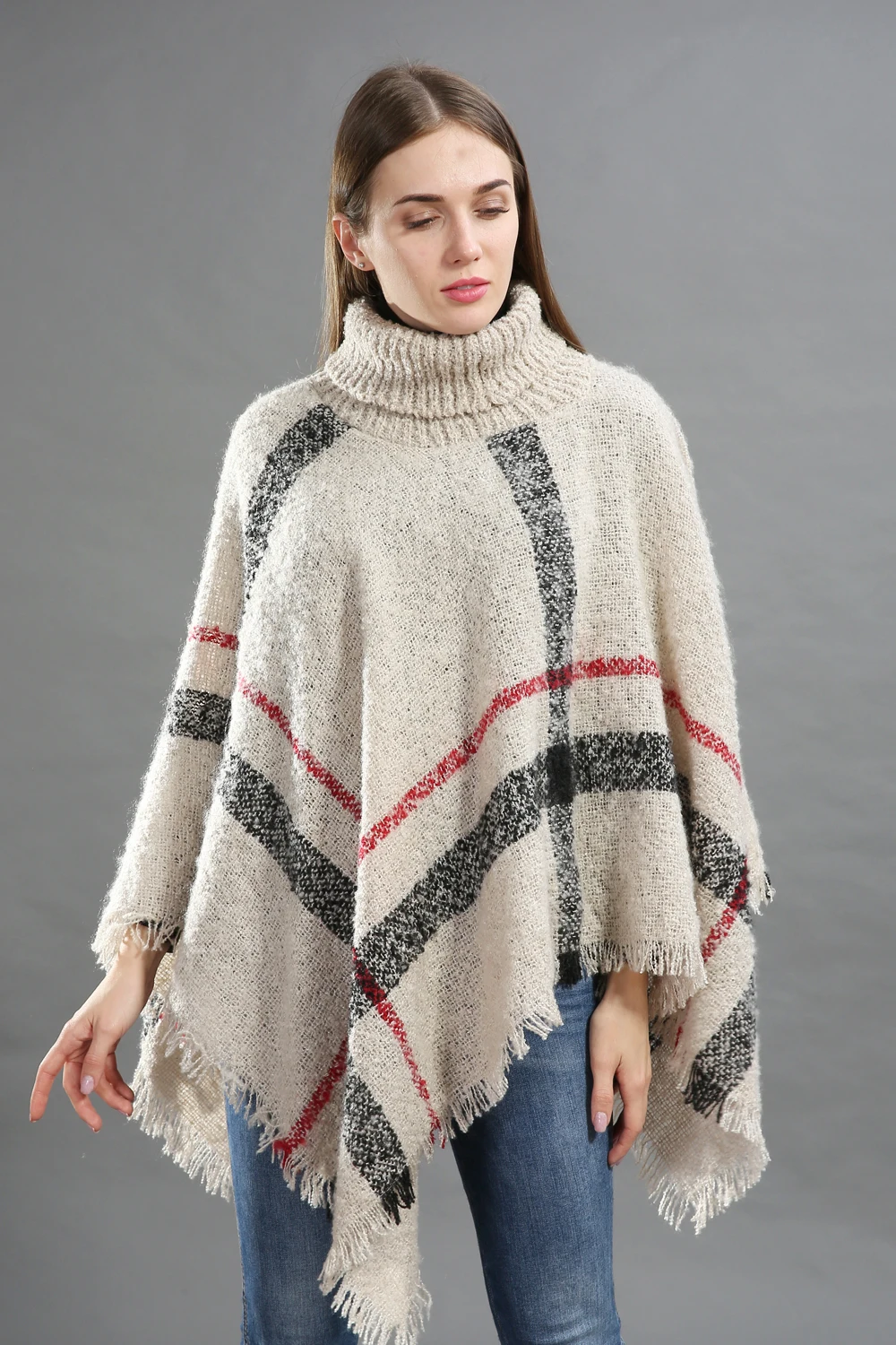 Elegant Plaid Turtleneck Sweater Poncho - Acrylic Knit Fabric, High Neck, Tasseled, Chunky Warm Oversized Shawl Wrap for Women,