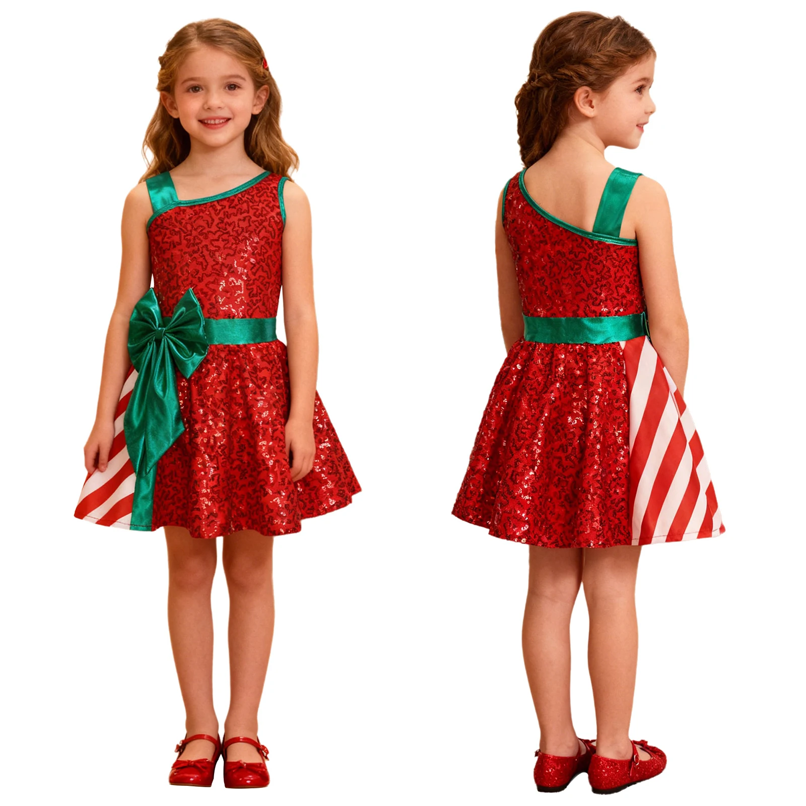 Kids Girls Christmas Ballet Dance Dress Figure Skating Gymnastics Leotard Tutu Sleeveless Shiny Sequin Xmas Santa Elf Costume