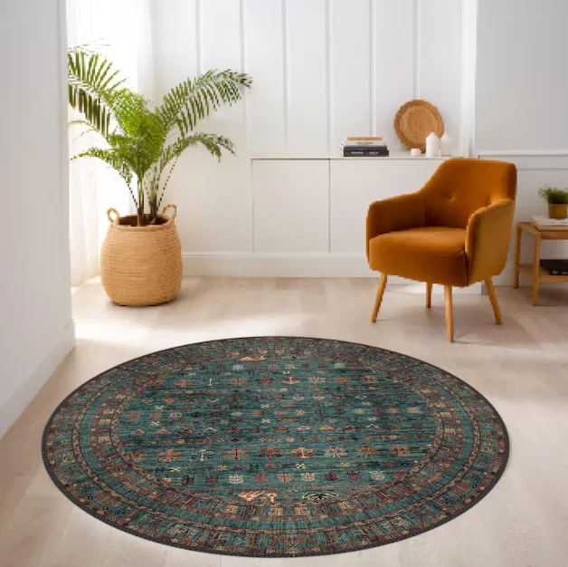 Vintage Style Round Rug Antique Look Teppich Washable Non-Slip Round Area Rug Turkish Distressed Large Rug Rugs for Living Room