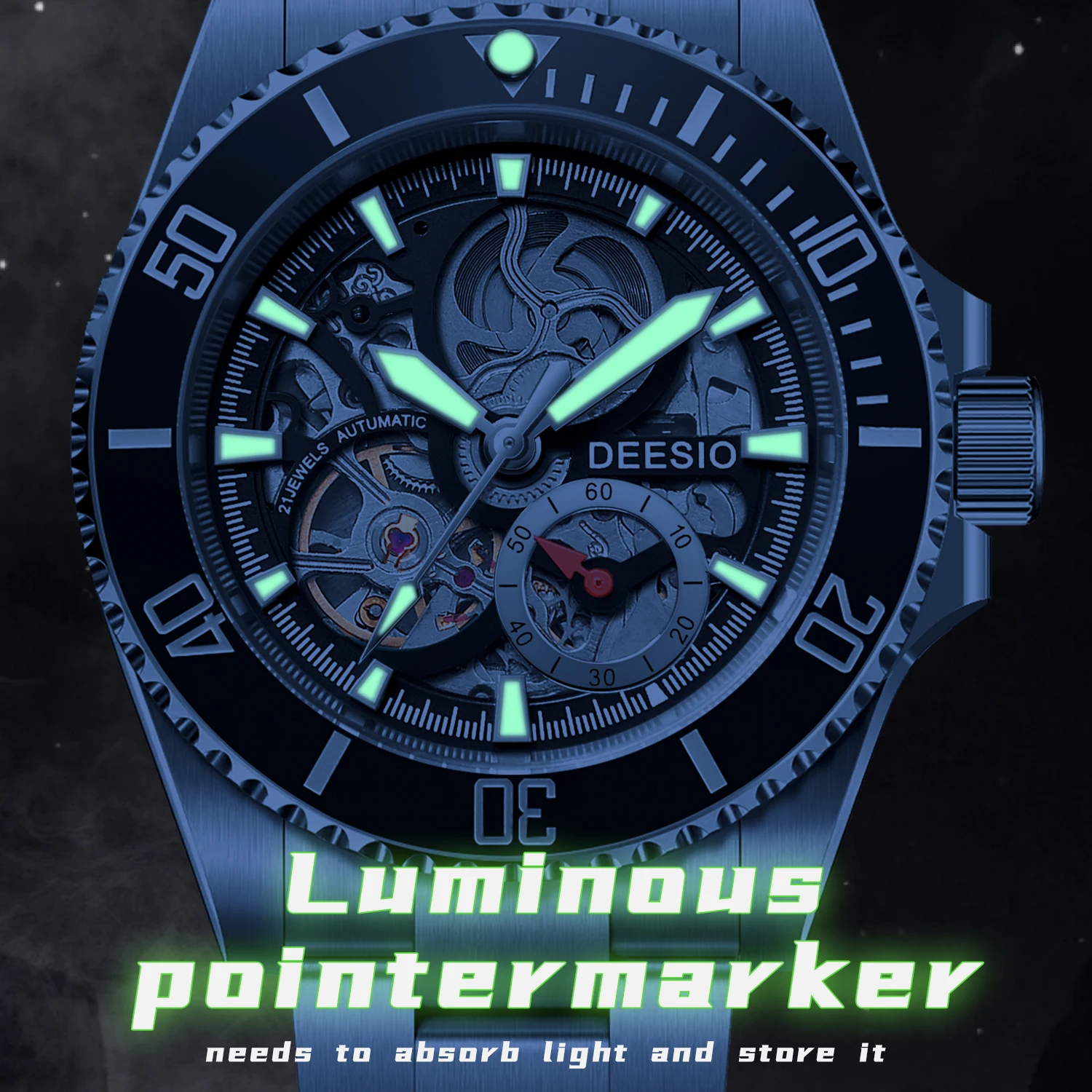 Deesio Orologio automatico da uomo nuovo Orologio da polso meccanico a carica automatica con cassa in acciaio inossidabile con cristallo di zaffiro resistente all'acqua