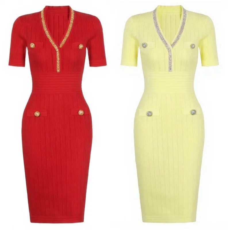 فستان صيفي محبوك بأكمام قصيرة ورقبة على شكل حرف V من CHUJIE 2025، فستان ضيق مطرز بقصة ضيقة، زي متعدد الاستخدامات عالي الجودة