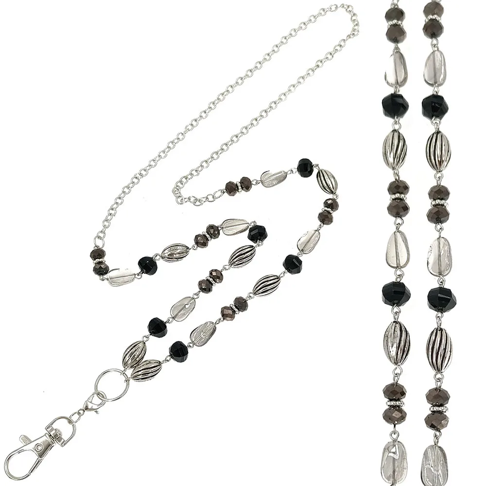Black Glass Beads Badge Lanyard Chain Necklace ID Holder Badge Clip Necklace for Women Teachers Keychain Holder Keyholder