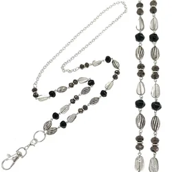 Black Glass Beads Badge Lanyard Chain Necklace ID Holder Badge Clip Necklace for Women Teachers Keychain Holder Keyholder