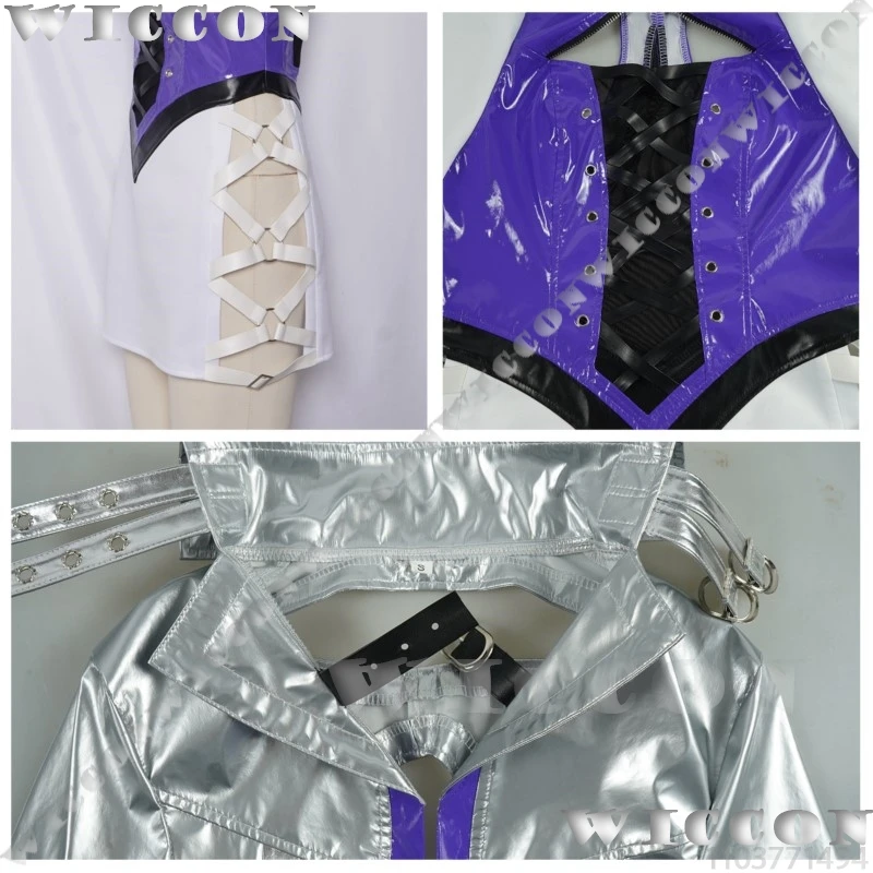 Shermie Viper Ning Game NARAKA Cosplay Silver Laser Color Coat Purple PU Clothes Sexy Woman Outfit Long Red Wig Cos Halloween