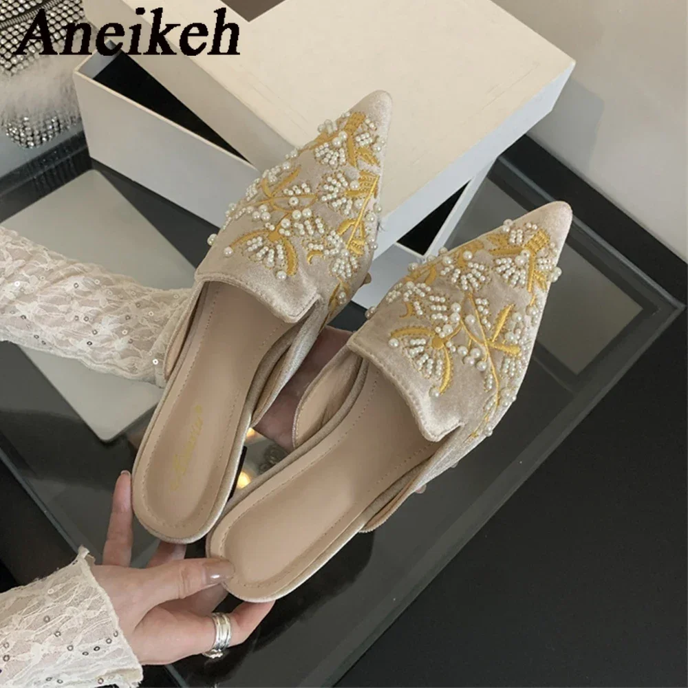 Aneikeh Summer Women Flat Slippers Pointed Bead Embroidery Roman Style Shallow Mouth Velvet Mules Shoes Slip on Female Slides