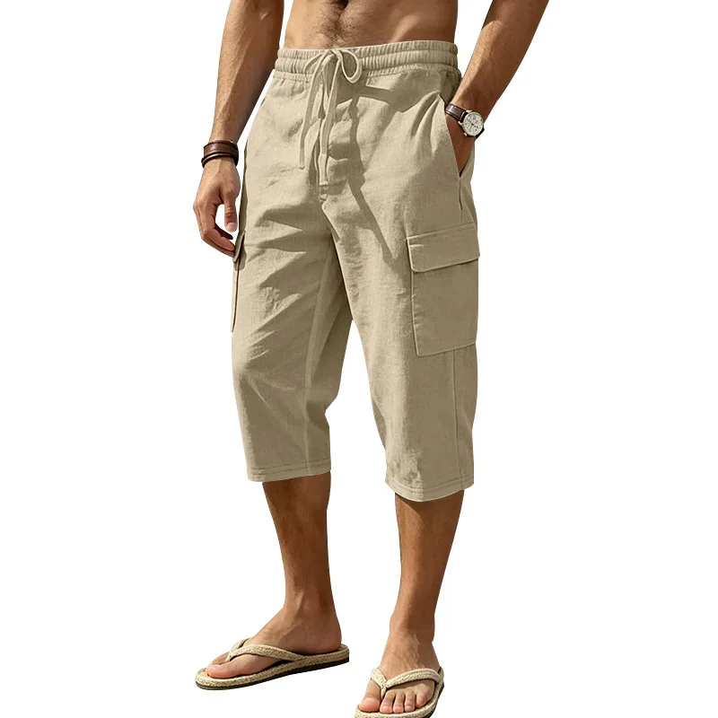 Europäische und amerikanische Sommer-Shorts aus Leinen für Herren, lässig, Outdoor, Arbeitskleidung, Pendler, Sport, Multi-Pocket, 7/8-Länge – Detail 28