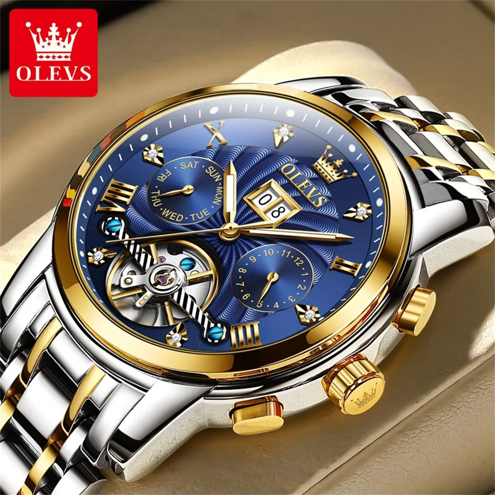 OLEVS 9910 Mens Watch Luxury Multifunctional Automatic Mechanical Watch Week Date Watches For Man Gift Waterproof Luminous Reloj