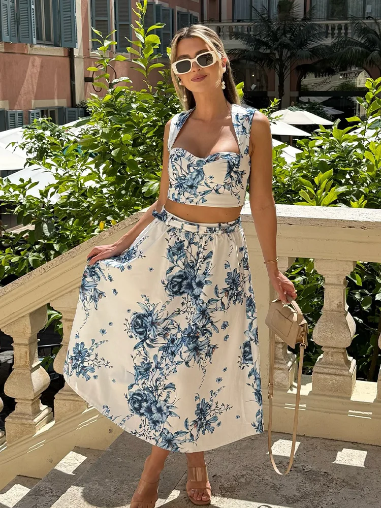 HH Conjunto de saias femininas da moda, sem mangas, shorts estampados, tops + cinto, decoração, cintura alta, zíper, saias longas, ternos de outono